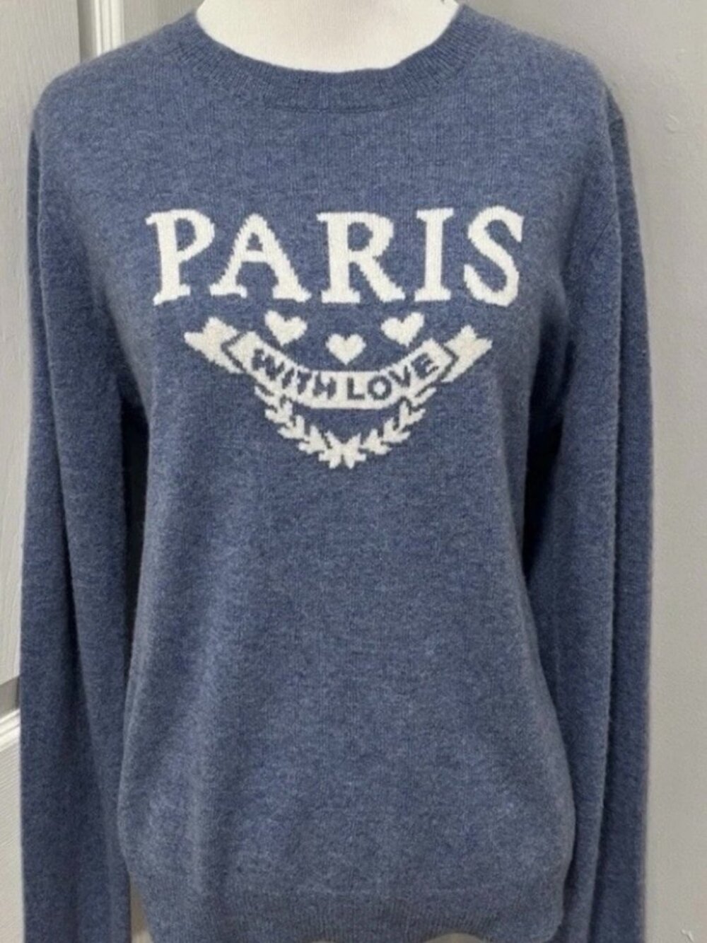 NWT MAGASCHONI 100% CASHMERE BLUE INTARSIAN KNIT 'PARIS WITH LOVE' SWEATER-LARGE